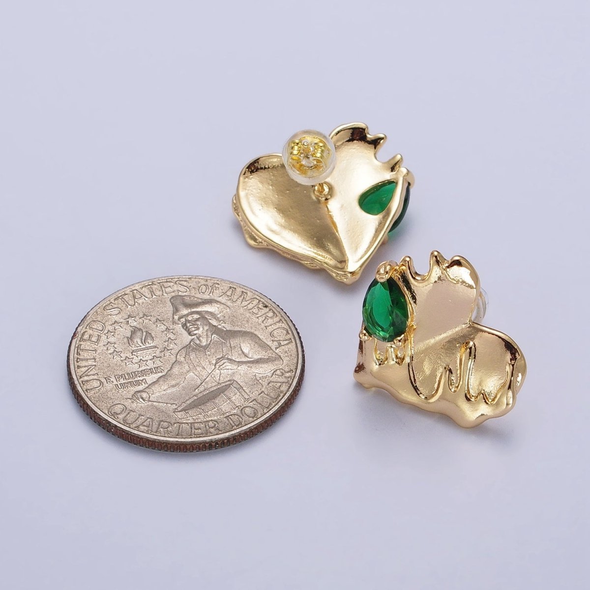 Gold Heart Molten Drip Green Teardrop CZ Stud Earrings | AB139