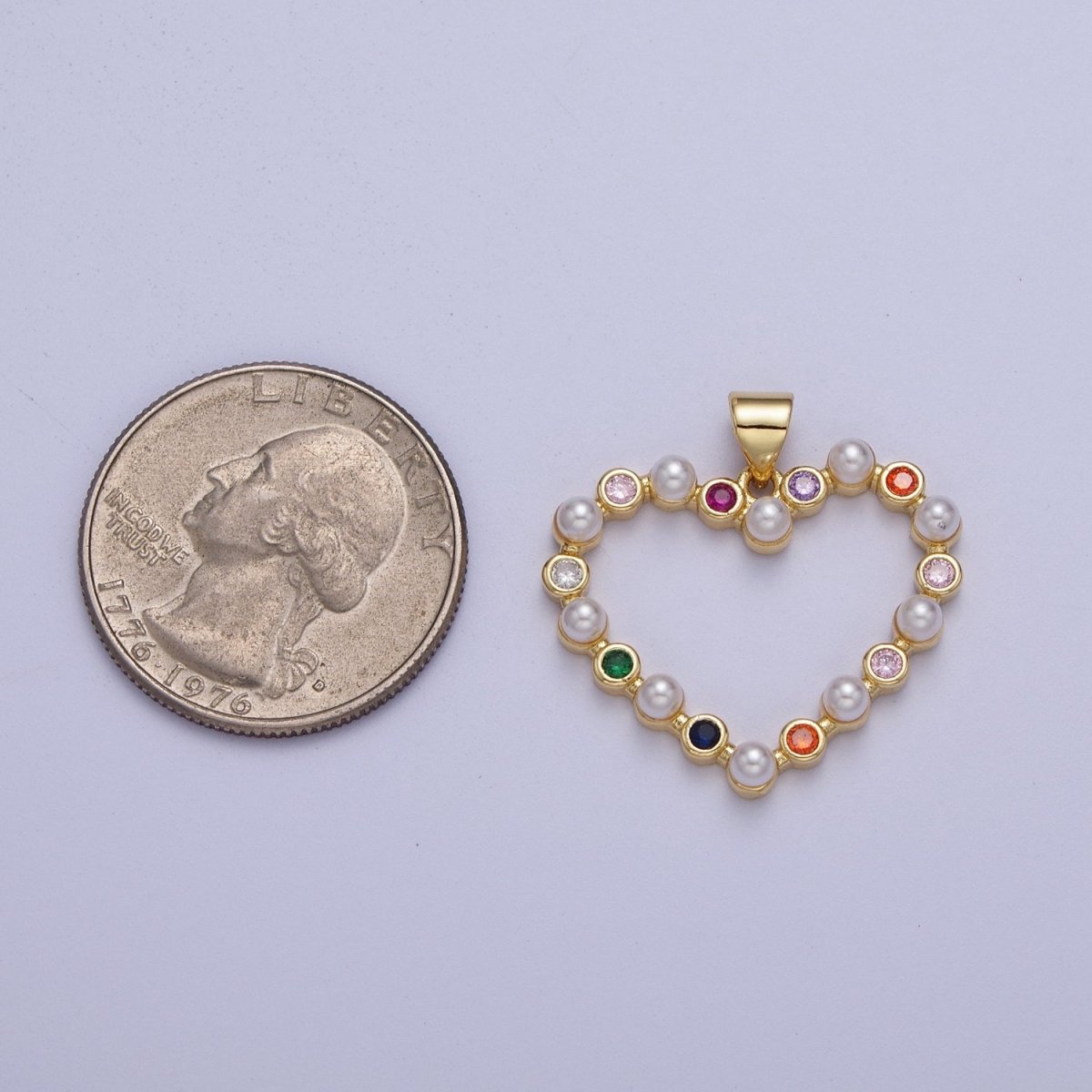 Gold Heart Round Pearl Multicolor Cubic Zirconia Pendant H-656