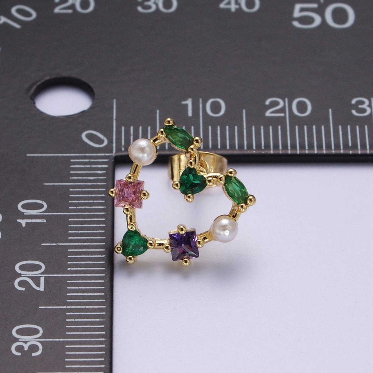 Gold Heart Shape Multi Color CZ Stud Earring AD-083