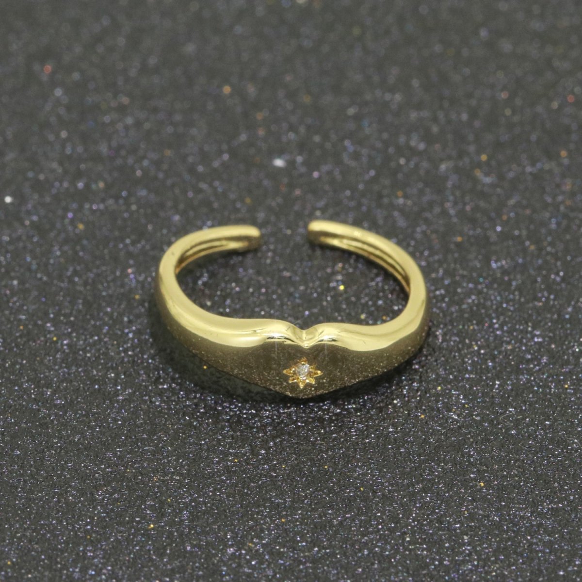 Gold Heart Signet Ring Open Adjustable Ring CZ Polaris Star burst Stackable Chunky Bold Celestial Ring Jewelry Gift, S-109