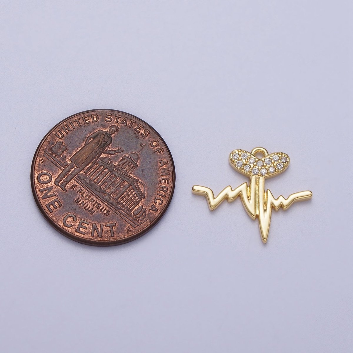 Gold Heartbeat Line Frequency Pulse Micro Paved CZ Heart Charm | C-855