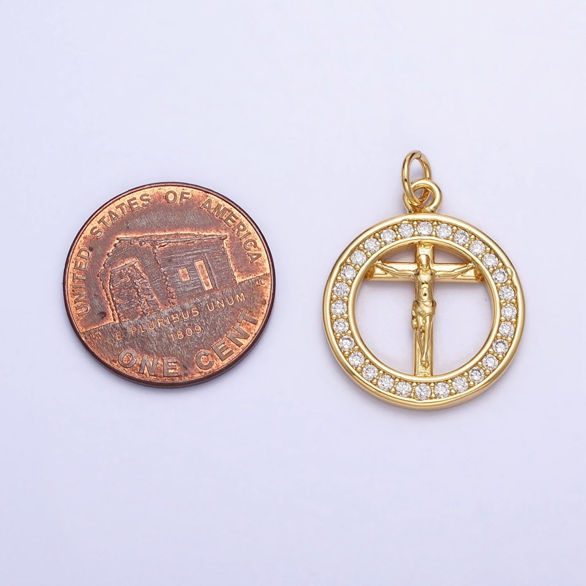Gold Jesus Crucifix Cross Micro Paved 18mm Open Round Charm | AC672