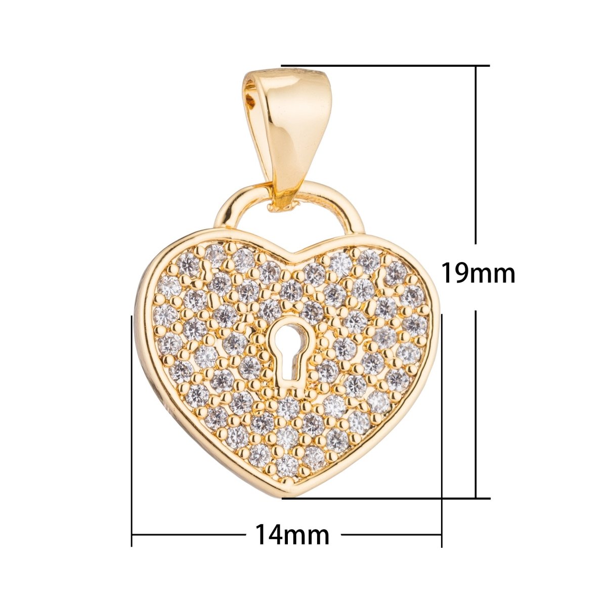 Gold Key to My Heart, Locked in Love, Promise, Women, Teens Cubic Zirconia Necklace Pendant Charm Bead Bails Findings for Jewelry Making H-341