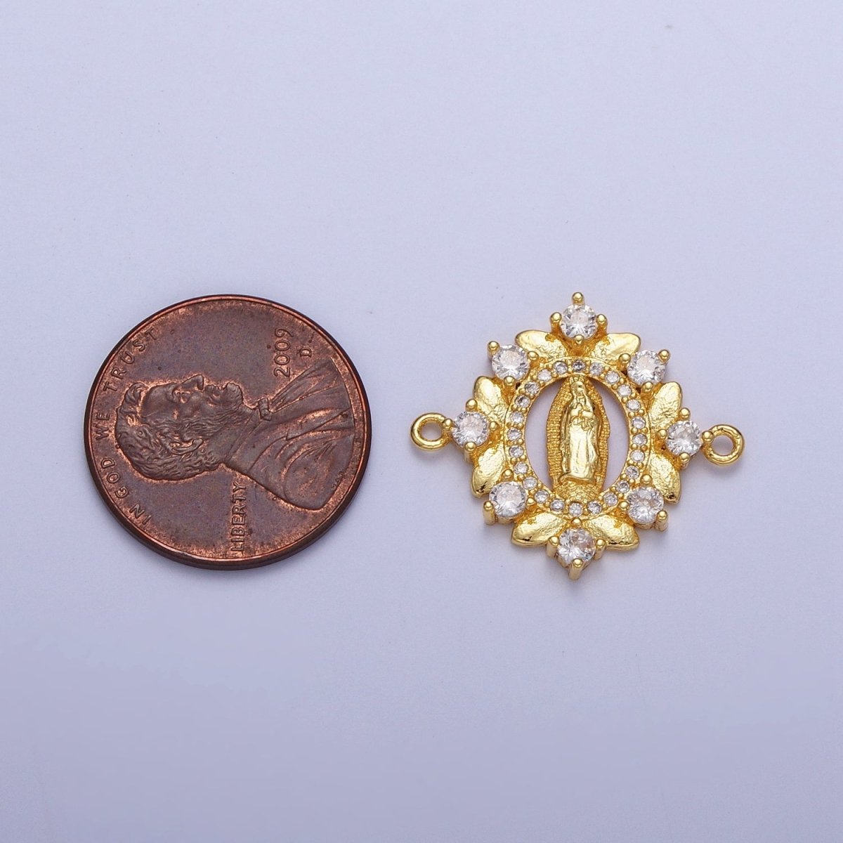 Gold Lady Guadalupe Floral Wreath Cubic Zirconia Connector Findings | G-558