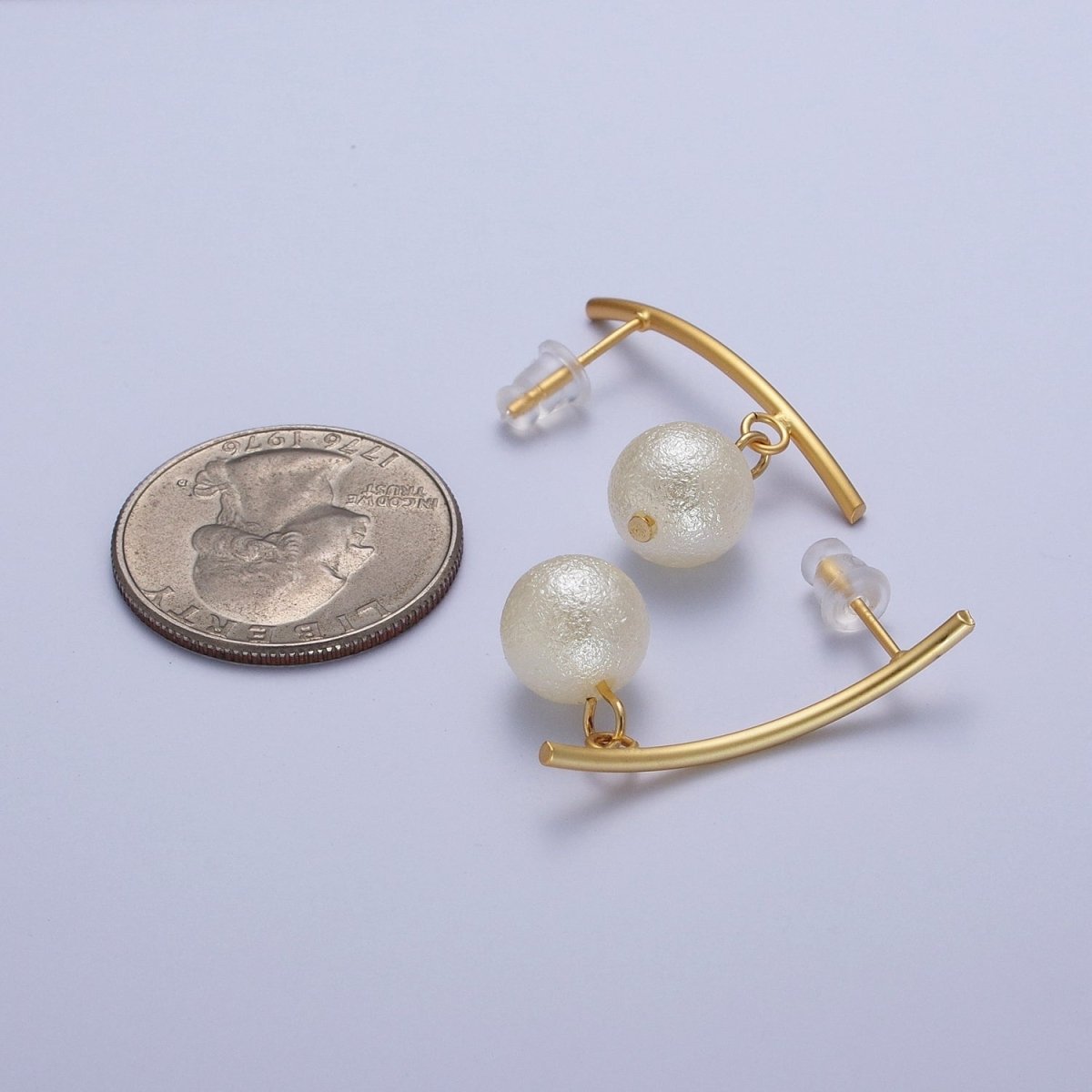Gold Long Arc Line Drop White Pearl Geometric Stud Earrings | AD-518