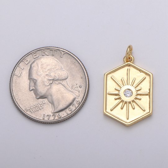 Gold Medallion Charm 14k Gold Filled Hexagon Pendant Gold Sunburst Charm Necklace Boho Chic Gold Geometric Necklace Celestial Jewelry Charm E-220