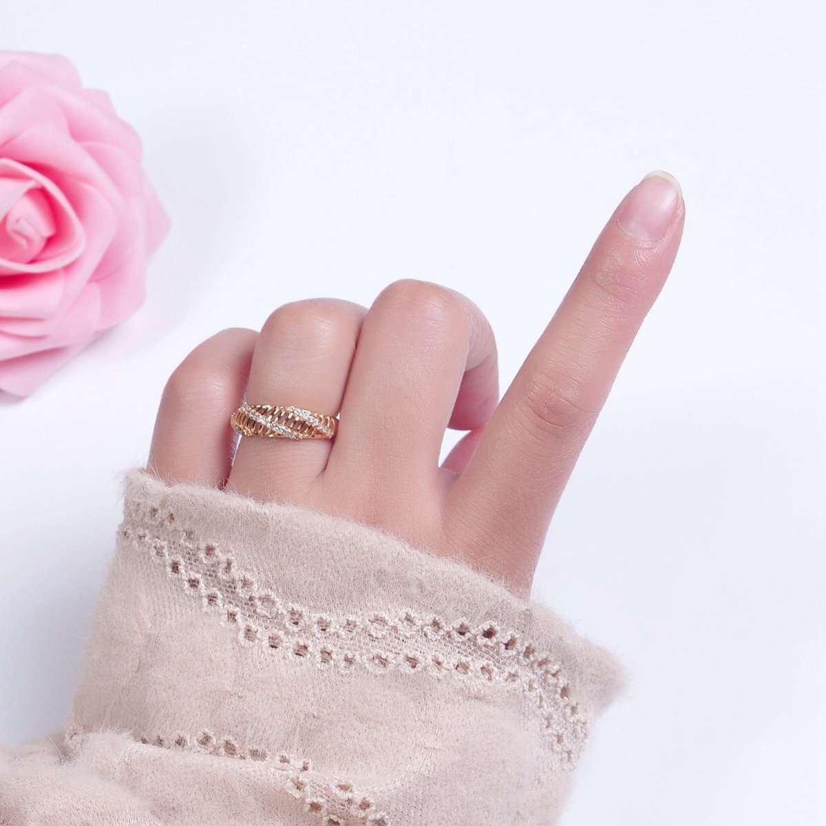 Gold Micro Pave Cubic Zirconia Open Bar Adjustable Ring R-533