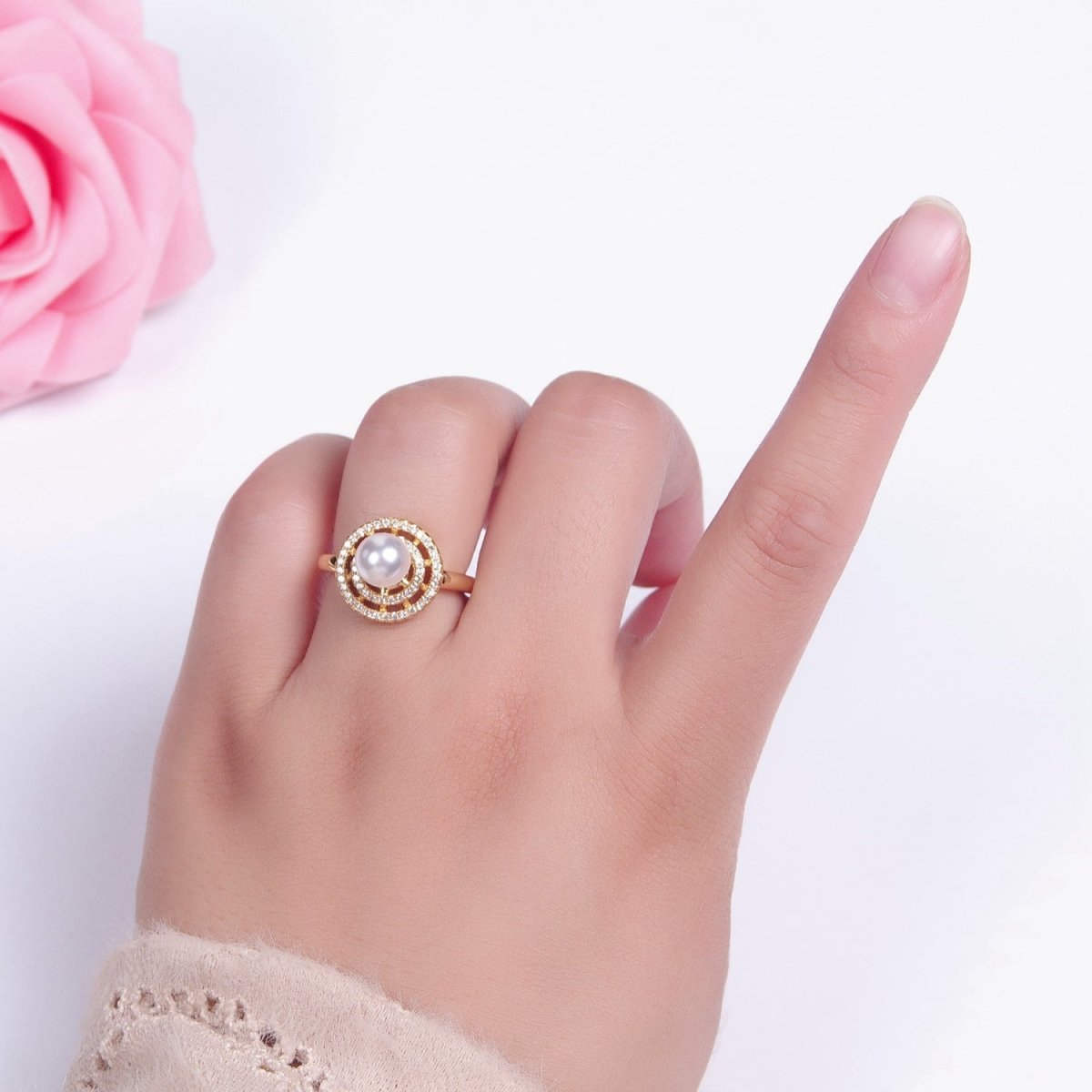 Gold Micro Pave Round Shell Pearl Adjustable Ring O-792