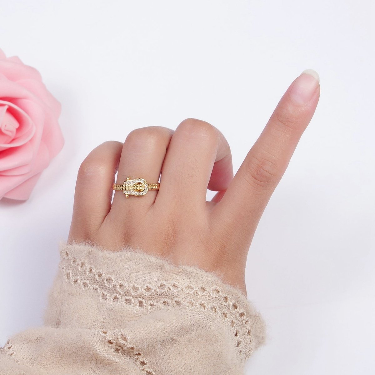 Gold Micro Paved Clear Cubic Zirconia Belt Buckle Twisted Braided Adjustable Ring | U-031