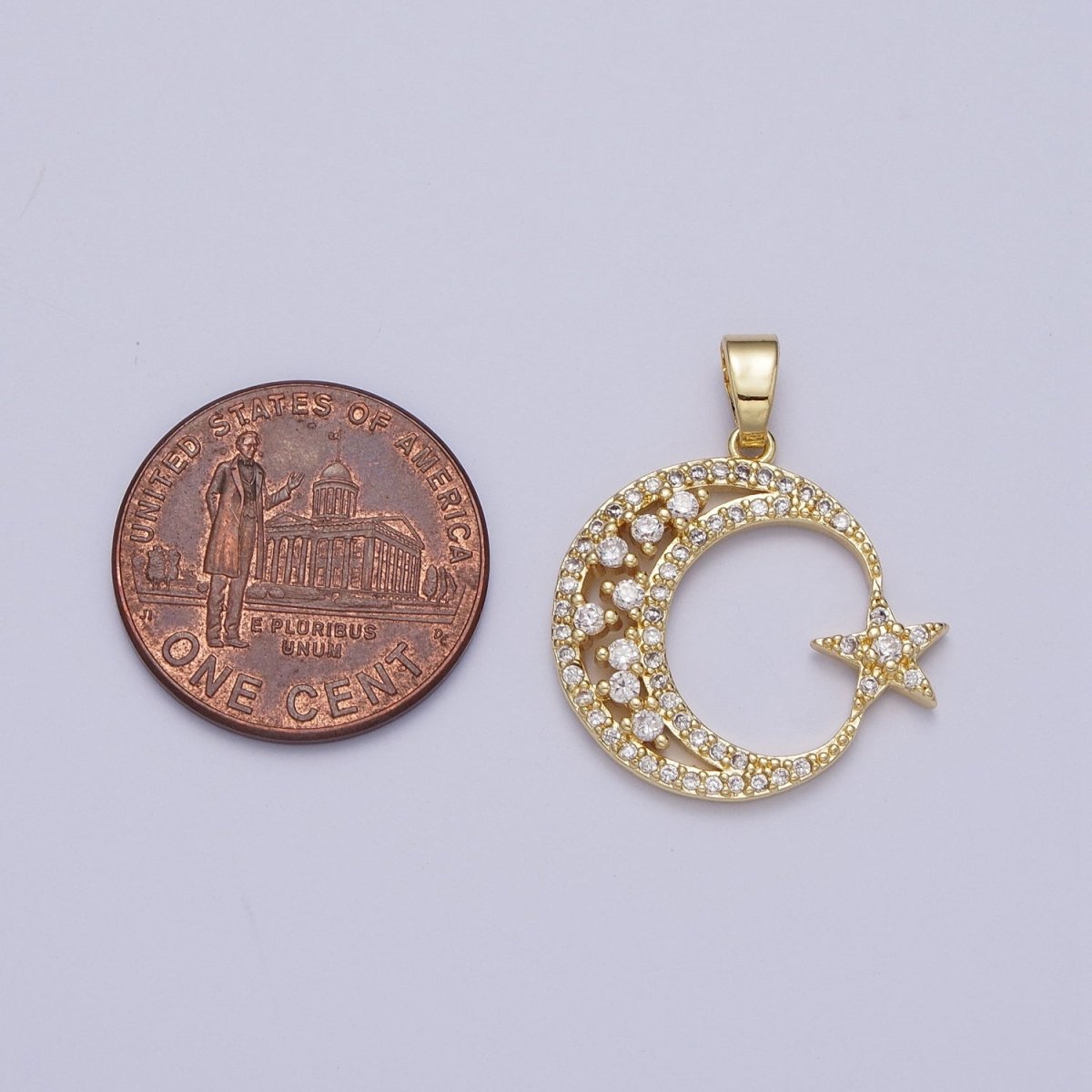 Gold Micro Paved CZ Celestial Crescent Moon Star Pendant H-834