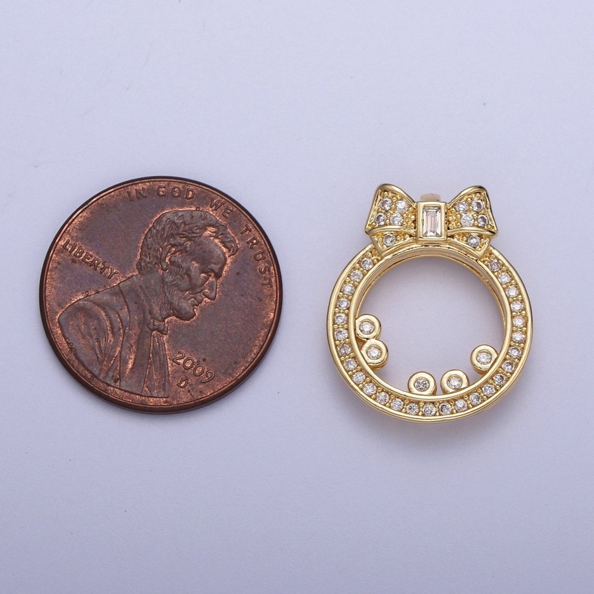 Gold Micro Paved CZ Open Round Baguette Ribbon Pendant For DIY Jewelry Making | X-543