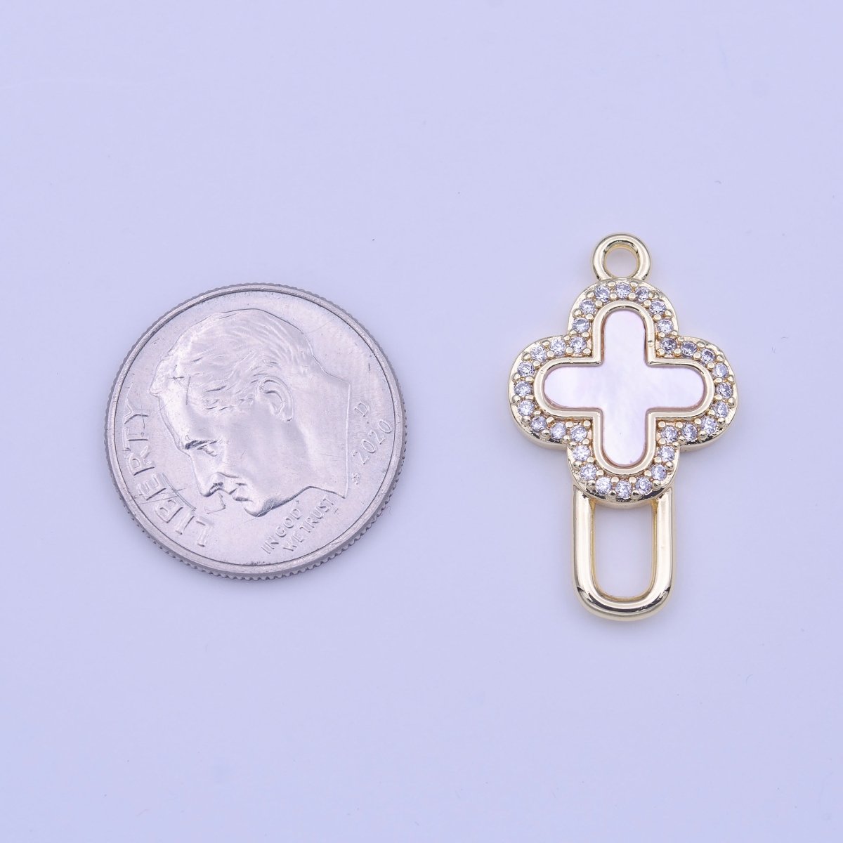 14K Gold Filled Shell Pearl Micro Paved CZ Quatrefoil Charm | C424