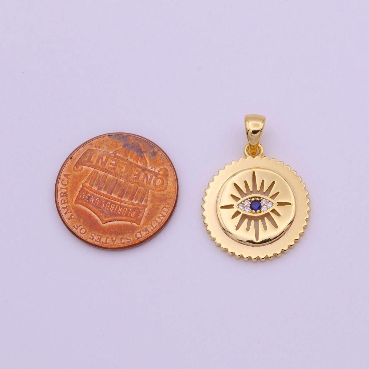 Gold Micro Paved Evil Eye Sunburst Gears Round Pendant I-652