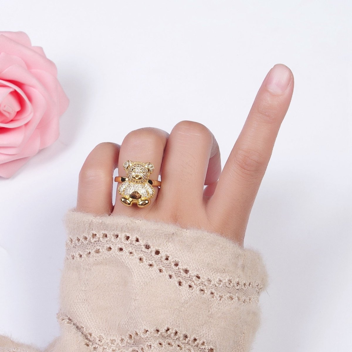Gold Micro Paved Teddy Bear Cubic Zirconia CZ Adjustable Ring | O-018
