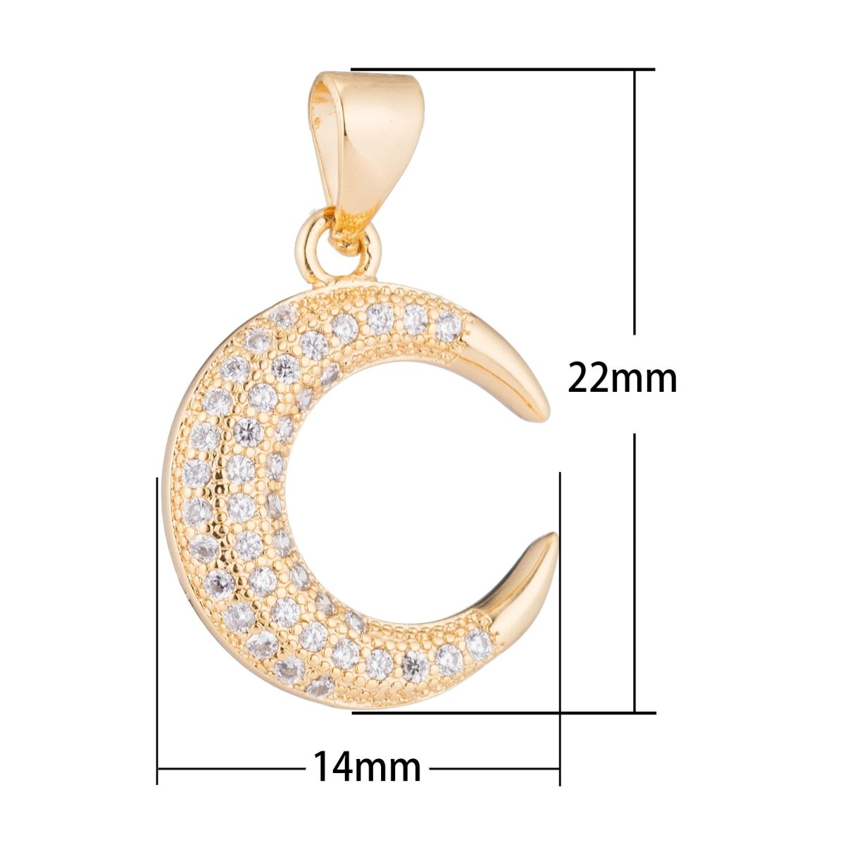Gold Moonlight, Golden Crescent Moon Bright Night Sky Dream Cubic Zirconia Necklace Pendant Charm Bead Bails Findings for Jewelry Making H-355