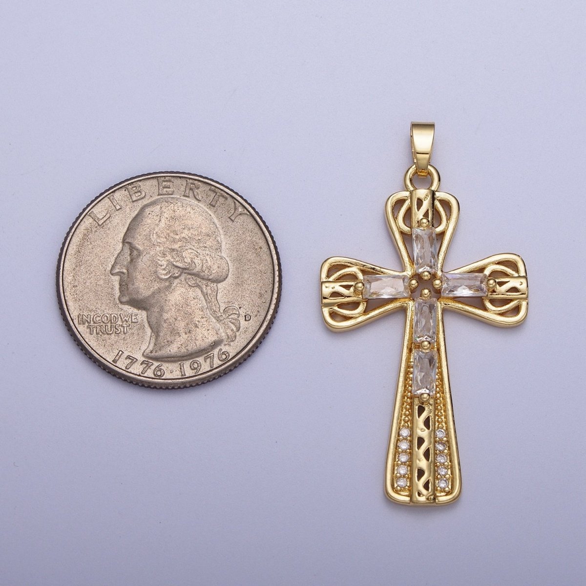 Gold Multicolor/Clear Cross Micro Paved Round Baguette CZ Religious Pendant For Jewelry Making | X-544 X-545