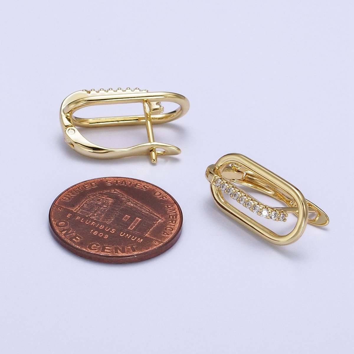 Gold Oblong Clear Micro Paved CZ Lined English Lock Earrings | AB235