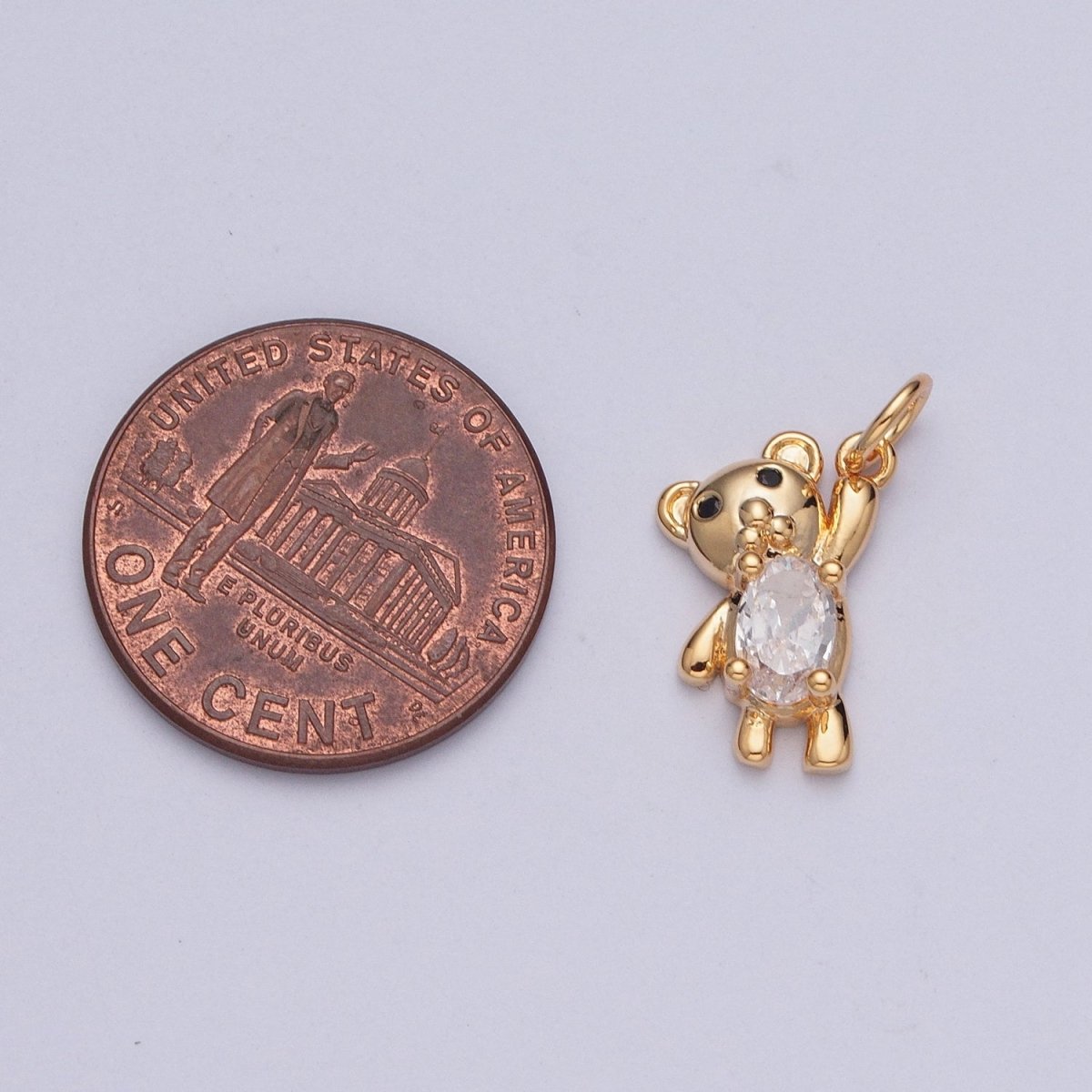 Gold Oval Clear CZ Teddy Bear Holding On Charm For DIY Jewelry Making | X-205