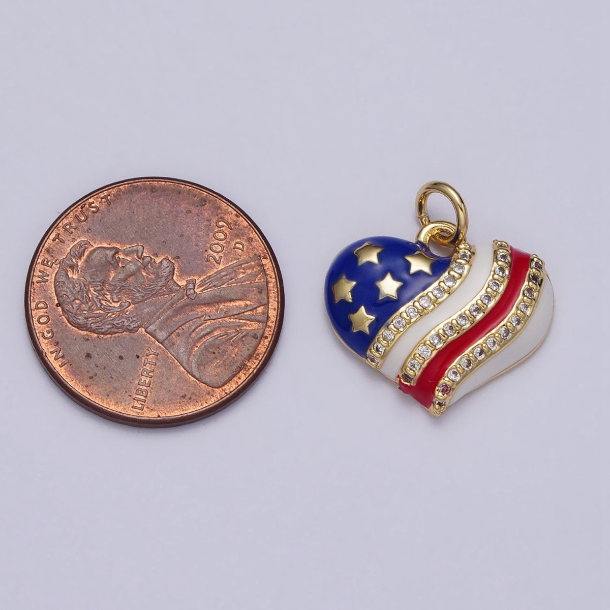 Gold Patriotic American Independence Flag Enamel Micro Paved Heart Charm | AC977