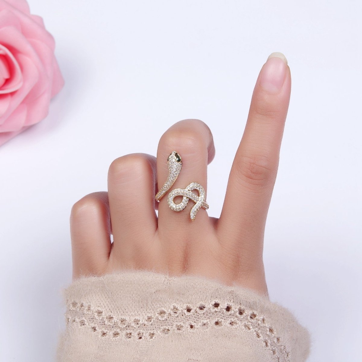 Gold Plated Green Eyed CZ Micro Paved Snake Serpent Ring | O1189