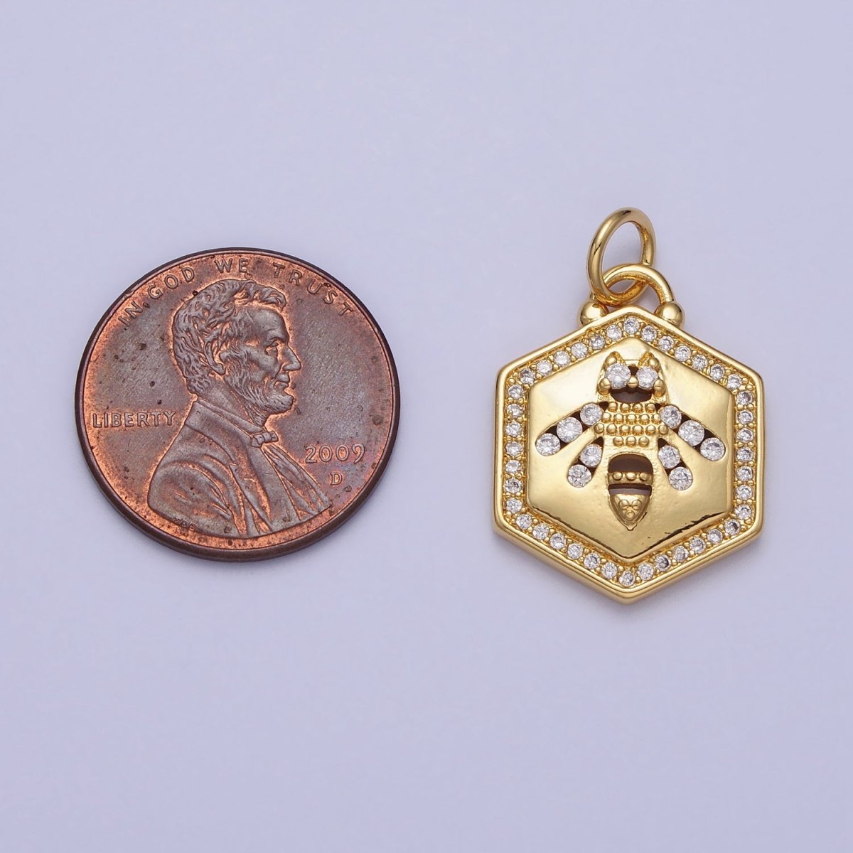 Gold Queen Bumble Bee Insect Micro Paved CZ Hexagonal Charm | AC378