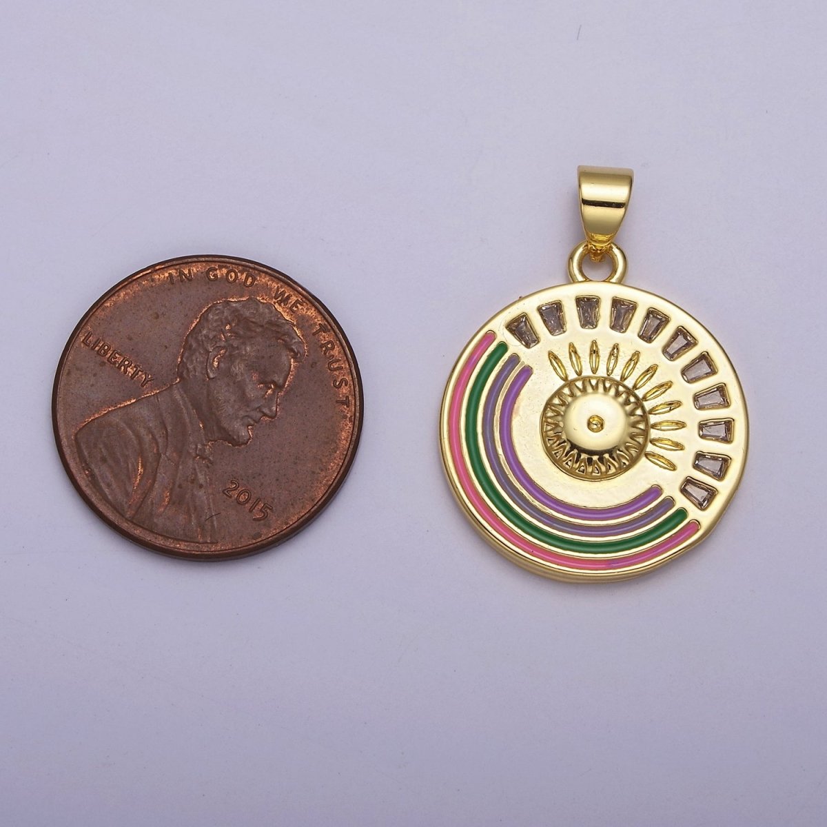 Gold Rainbow Medallion Pendant Round Disc Celestial Jewelry for Necklace Earring Charm J-069