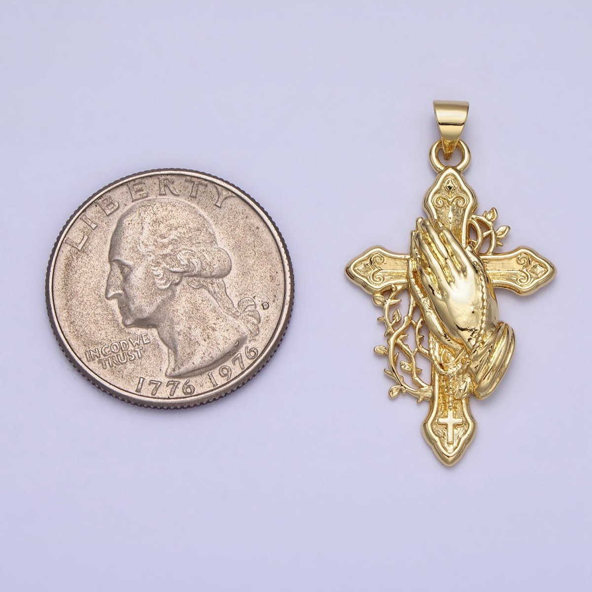 Gold Religious Passion Cross Praying Hands Vines Pendant | AA158