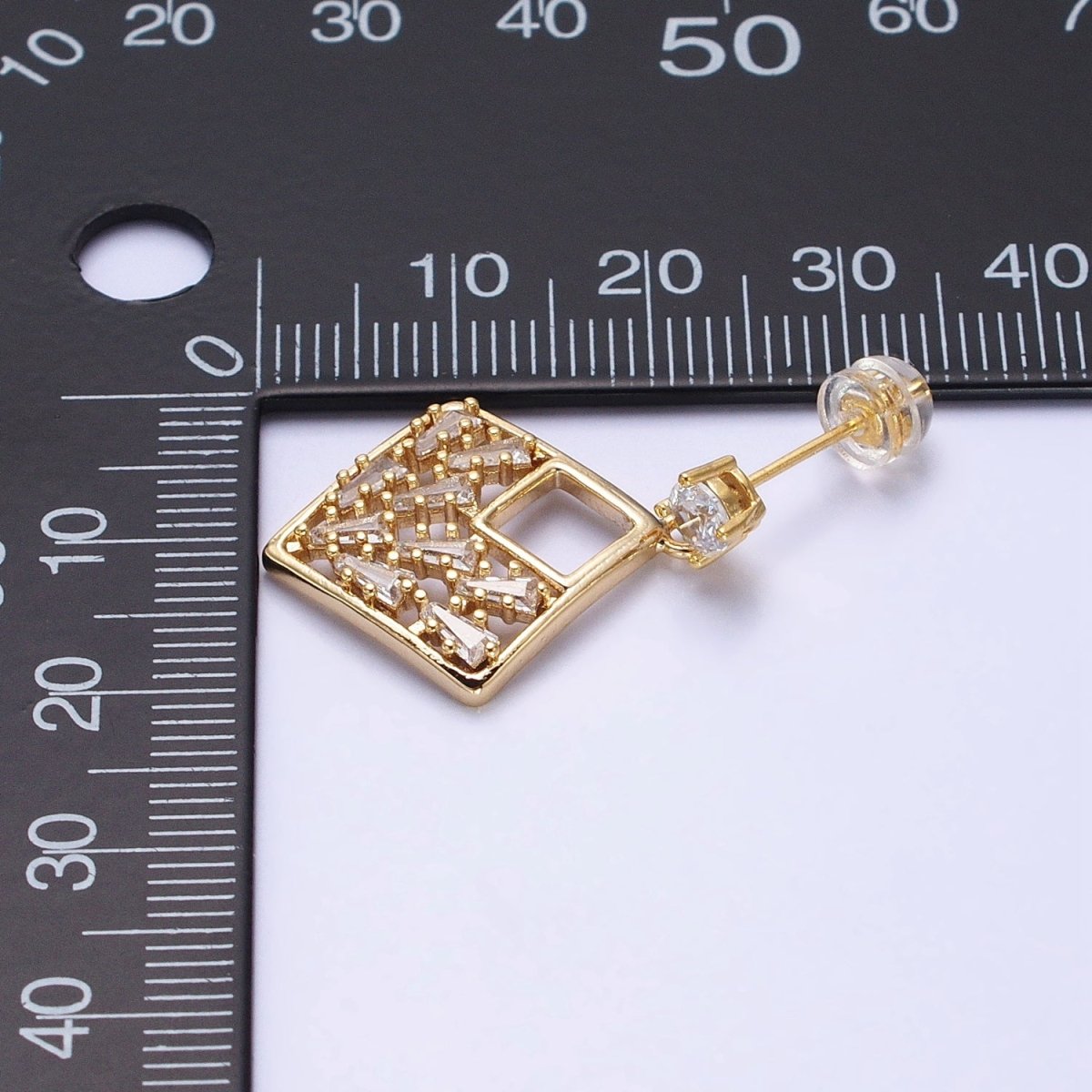 Gold Rhombus Dangle Stud Earring Clear Cz Micro Pave Baguette Stone Statement Earring AB668