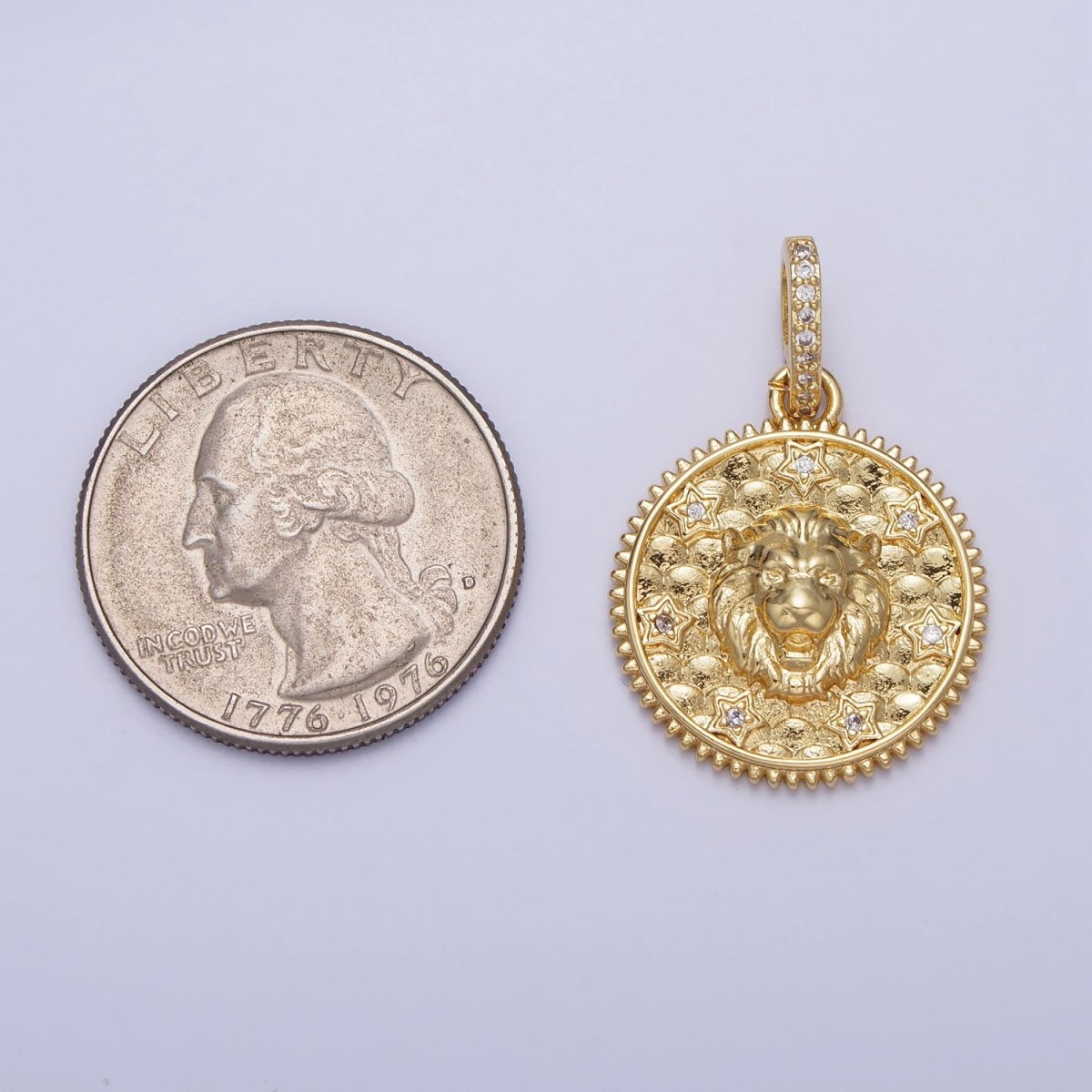 Gold Roaring Lion Clear Star CZ Micro Paved Bail Textured Scaled Medallion Pendant | AA167