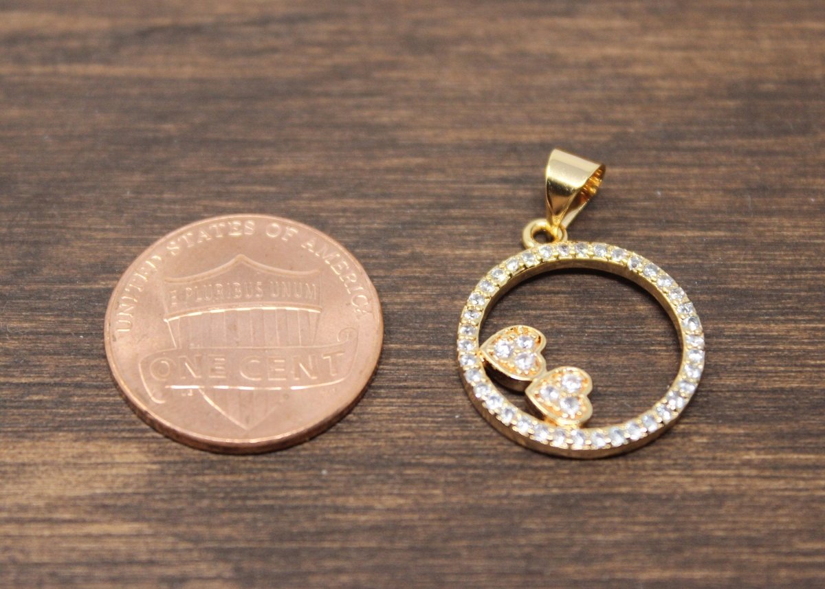 Gold Round 2 Hearts, Romantic Gift, Romance, Love, Heart, Cubic Zirconia Necklace Pendant Charm Bead Bails Findings for Jewelry Making D-025