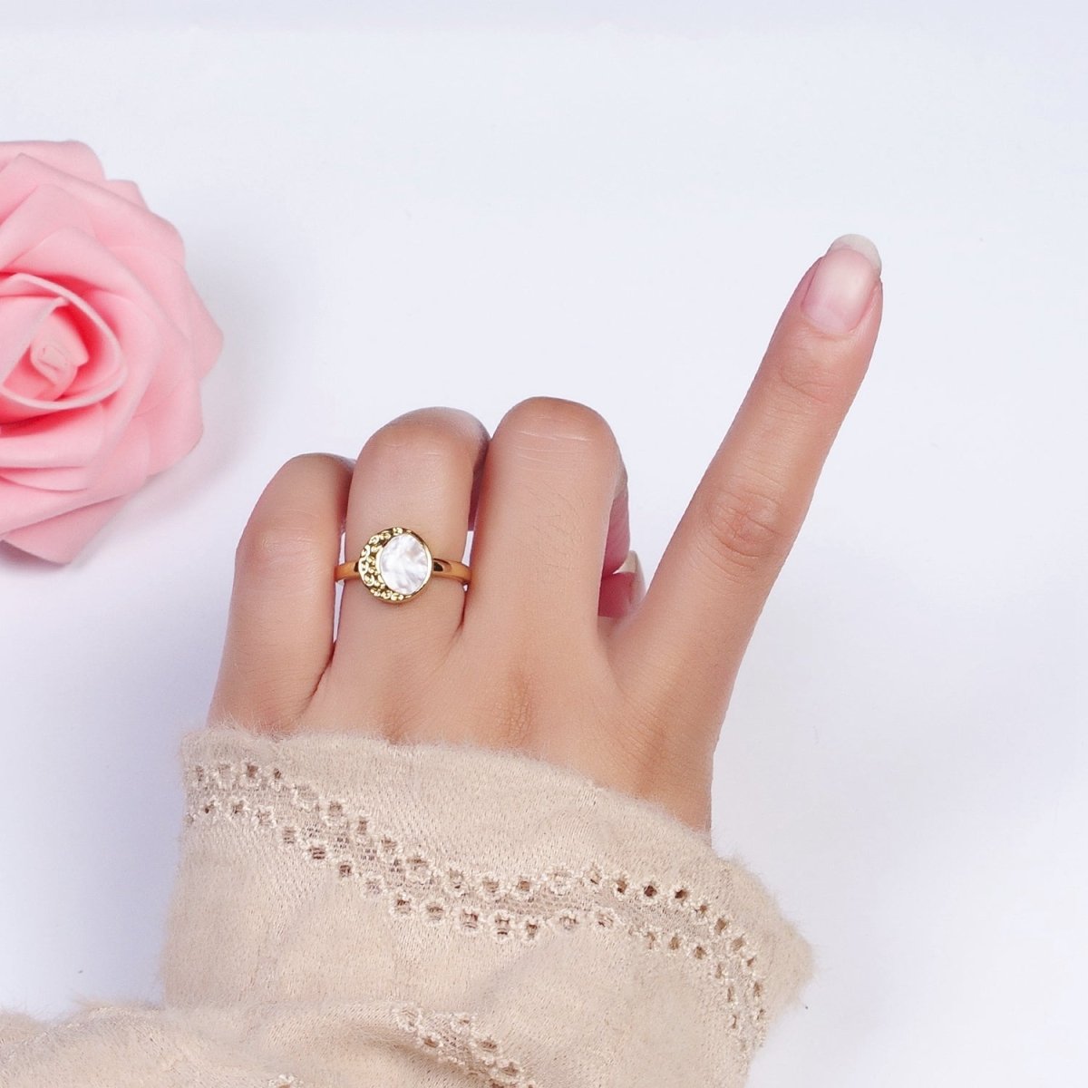 Gold Round Shell Pearl Crescent Textured Moon Adjustable Minimalist Ring | O-133