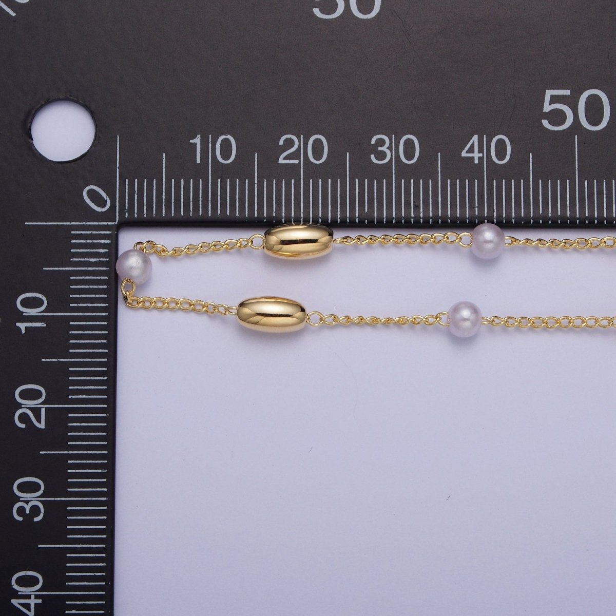 Gold Satellite Pearl & Long Oval Bead Chain Wholesale by Yard For DIY Jewelry Making Component | ROLL-831 Clearance Pricing