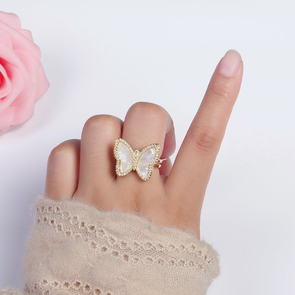 Gold Shell Pearl Butterfly Mariposa Micro Paved CZ Adjustable Double Band Ring | O-149