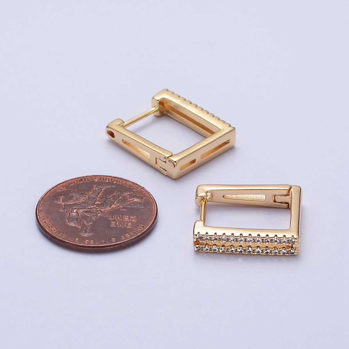 Gold, Silver Double Micro Paved CZ Lined Square Geometric Hoop Earrings | AB478 AB487