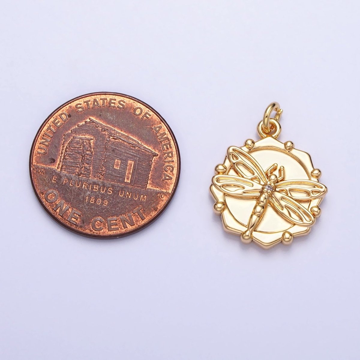 Gold, Silver Dragonfly Insect Round Octagonal Charm | AC757 AC758