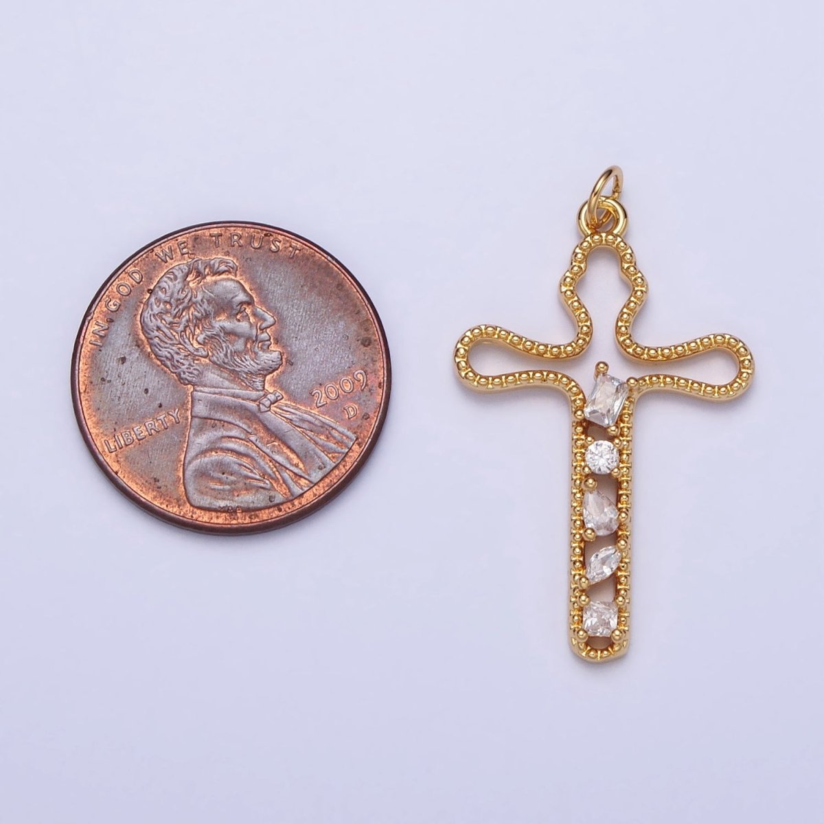 Gold, Silver Religious Beaded Abstract Wiggly Cross Clear CZ Cubic Zirconia Charm E-417 N-279