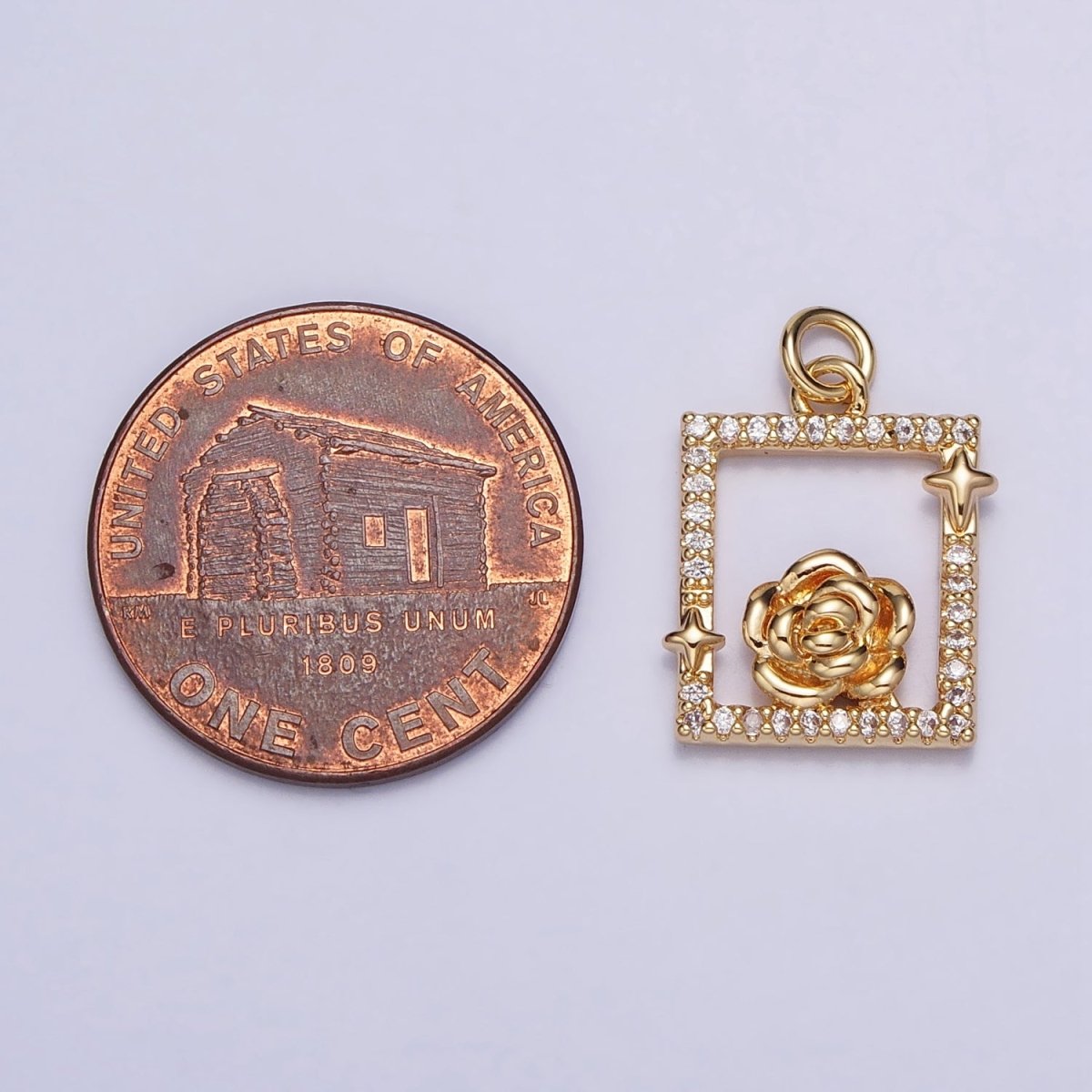 Gold, Silver Rose Star Micro Paved Open Square Rectangular Charm | AC699 AC700