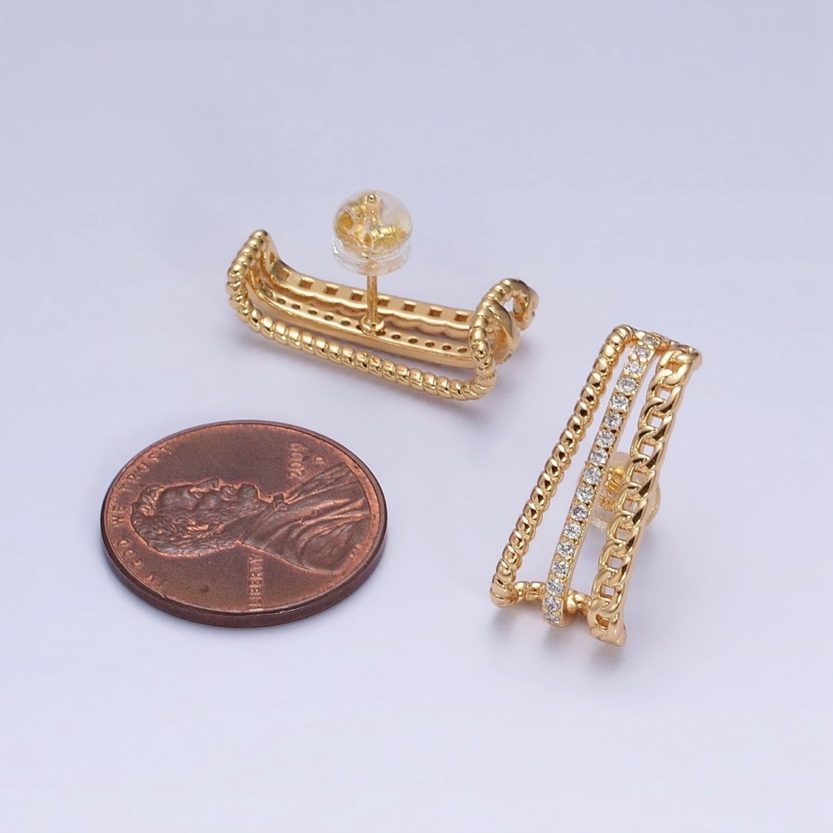 Gold, Silver Triple Bar Curb Micro Paved Twist 20mm Stud Earrings Set | AD937 AD938