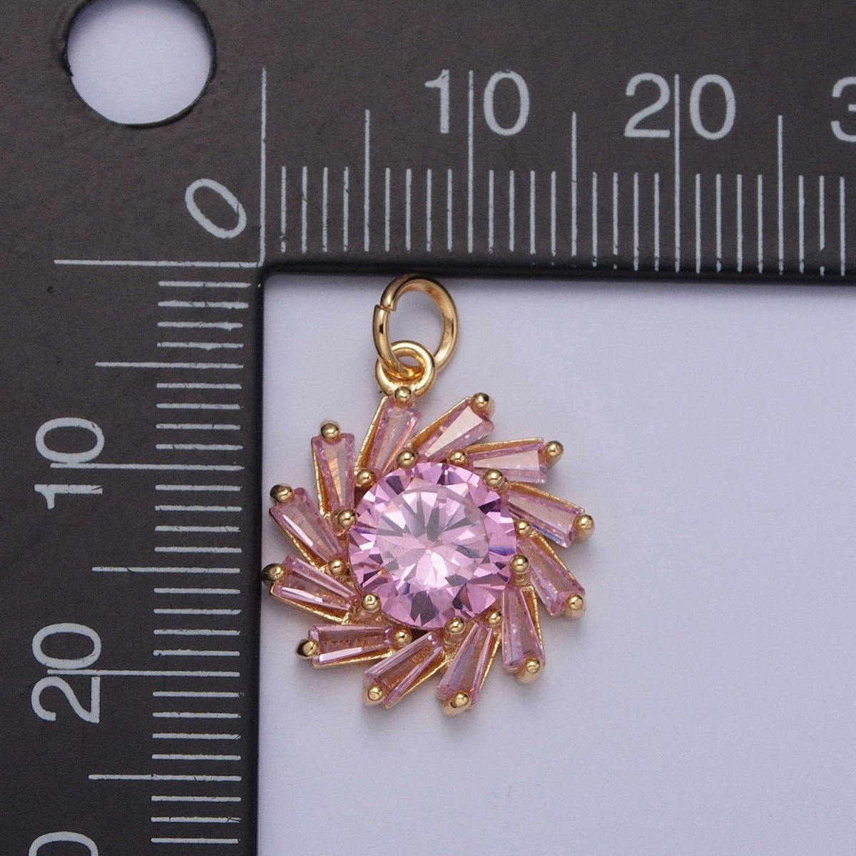 Gold Spiral Pink Baguette Round Cubic Zirconia Charm For Jewelry Making | X-262