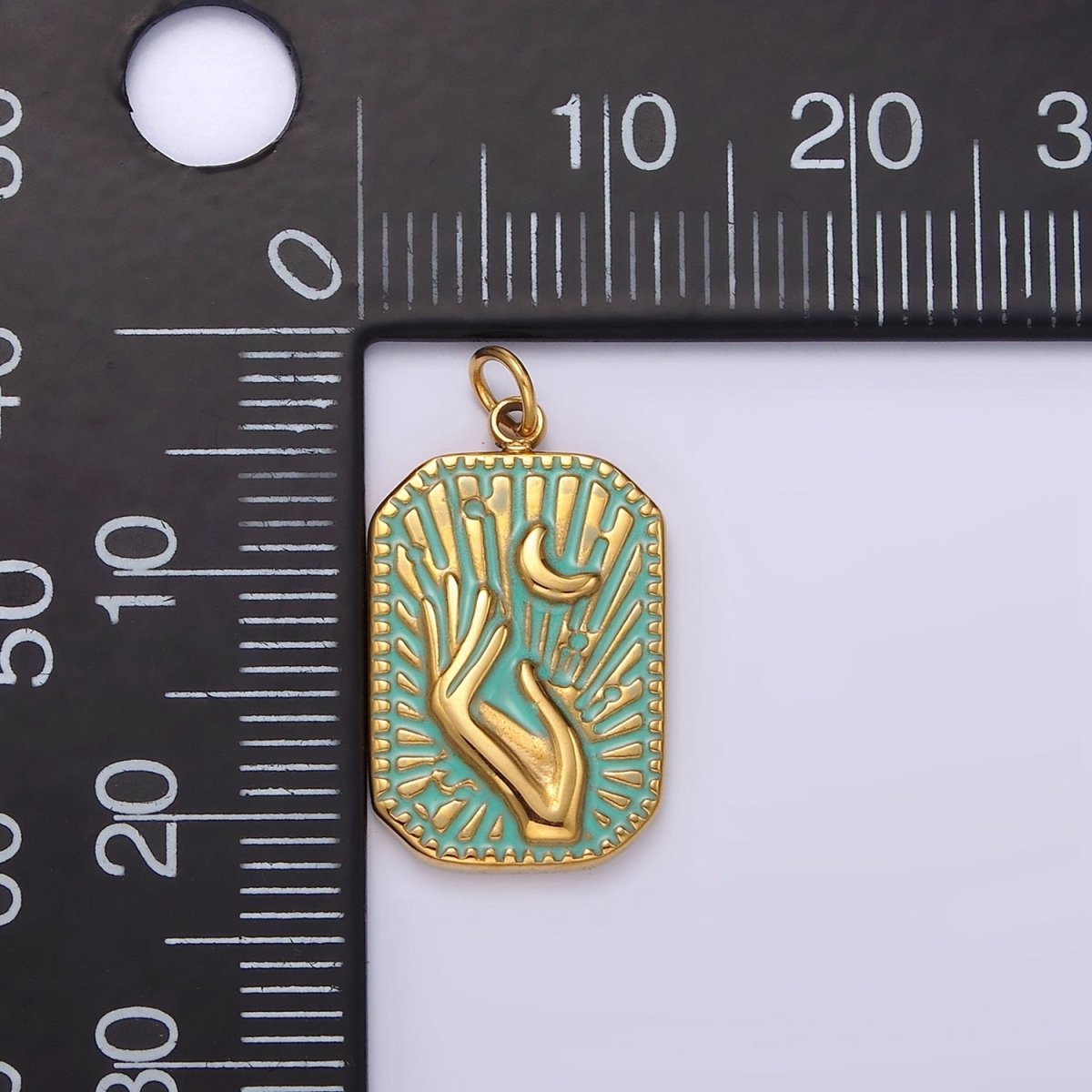 Gold Stainless Steel Tag Charm Crescent Moon Sunburst Hand Charm Dainty Teal Enamel Charm P-645
