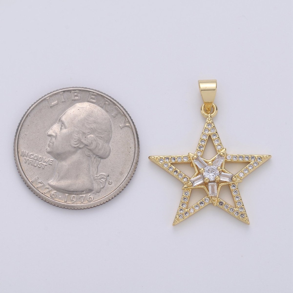 Gold Star Pendant With Baguette Stone, Five Star Charms, Women Necklaces, Star Jewelry, Celestial Jewelry for DIY Necklace 24K Gold Filled I-877