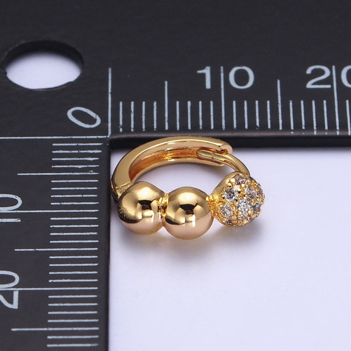 Gold Triple Rounded Beaded Bubble Ball Micro Paved CZ 14mm Huggie Earrings | AB050