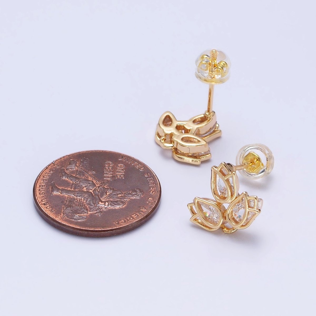 Gold Triple Tulip Nature Flower Clear CZ Stud Earrings | AB520