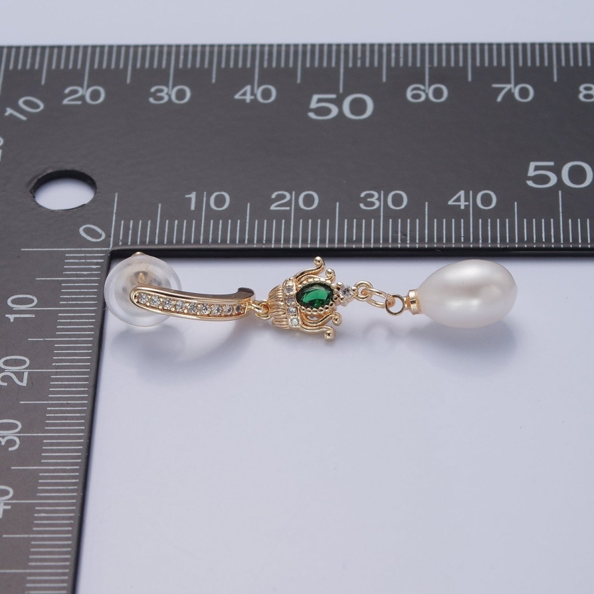 Gold Vintage Green Emerald CZ Drop Stud Earring With Pearl V-370