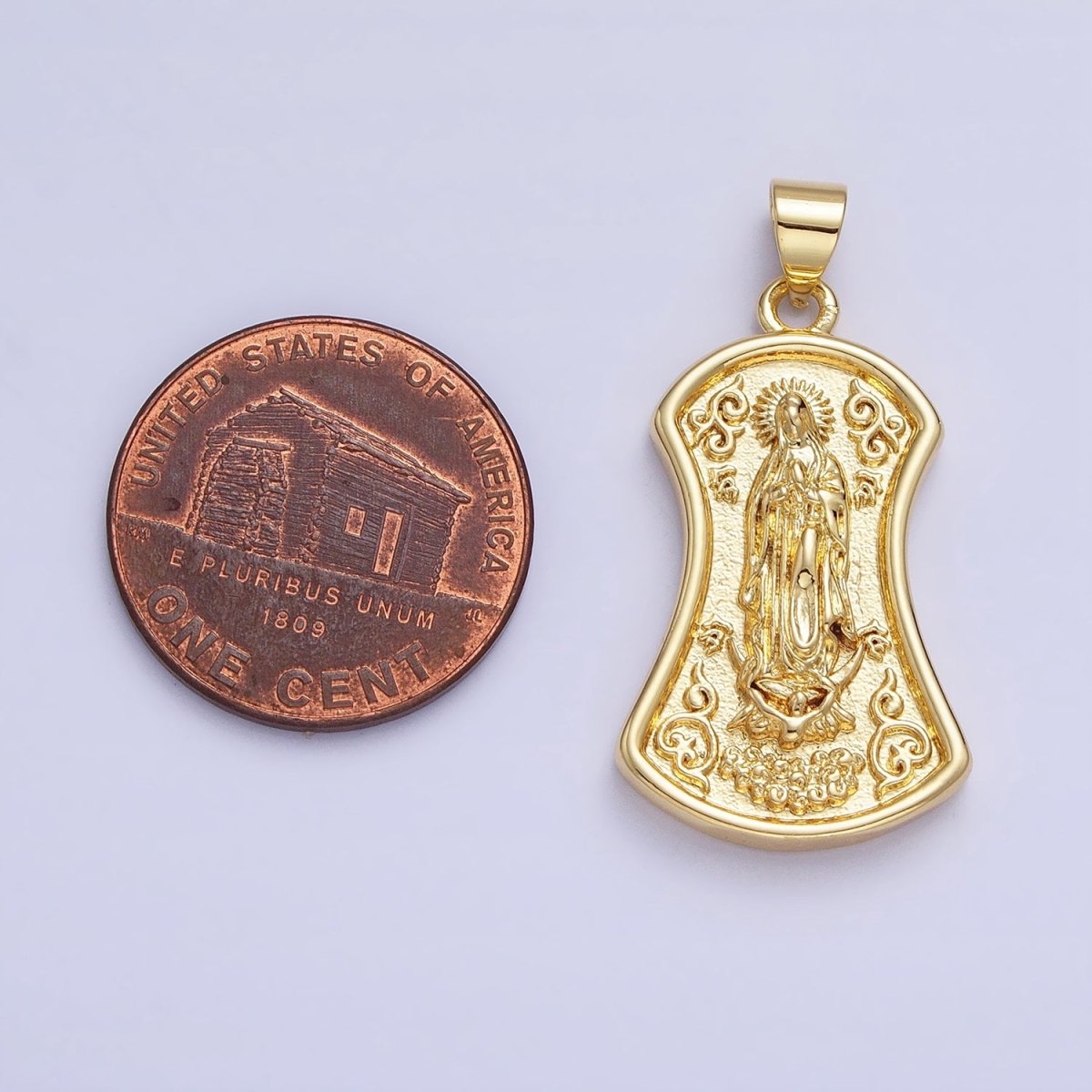 Gold Virgin Mother Mary Geometric Textured Curved Religious Pendant | AA233