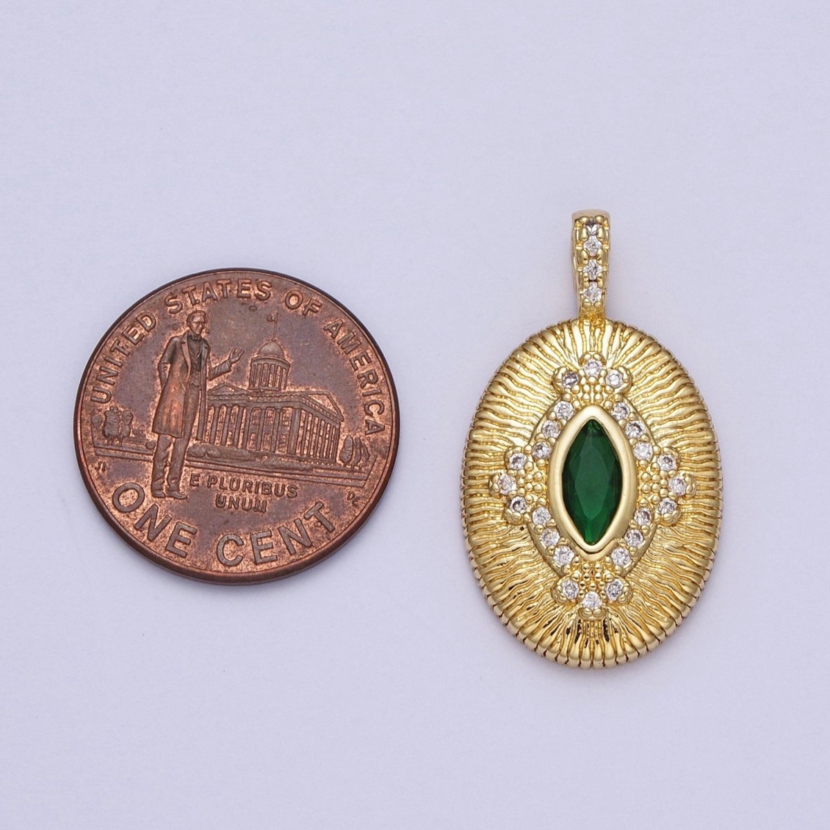 Green, Clear Marquise Line Textured Oval Micro Paved Gold Pendant H-911 H-935