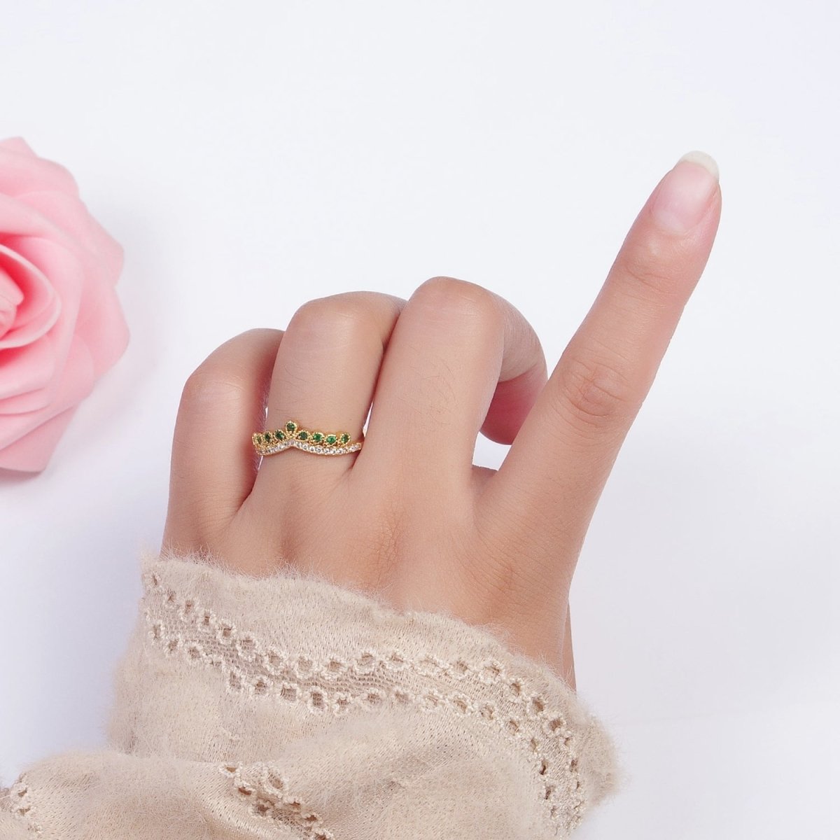 Green & Clear Micro Paved Cubic Zirconia Curved Line Crown Adjustable Gold Ring | U-039