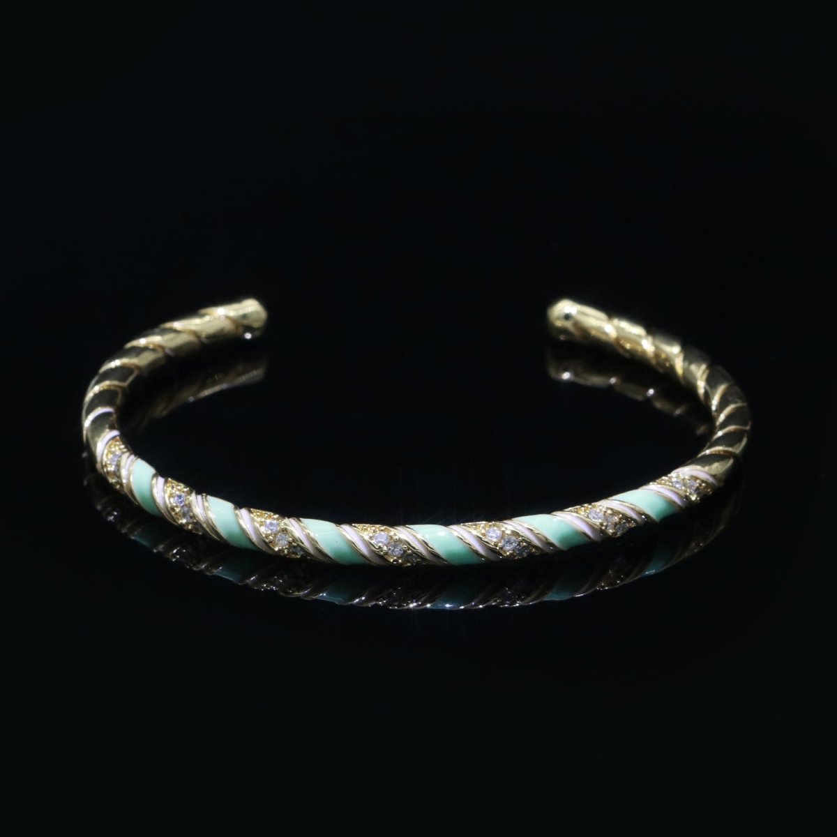 Green Enamel Geometric Swirl Gold Filled Bangle Open Adjustable Bracelet Vintage Style Inspired | WA-117 Clearance Pricing