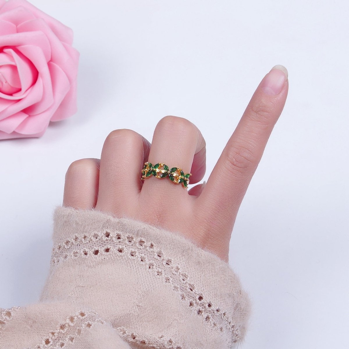Green Marquise Flower Ring, 24K Gold Filled Cubic Zirconia CZ Ring O-2297