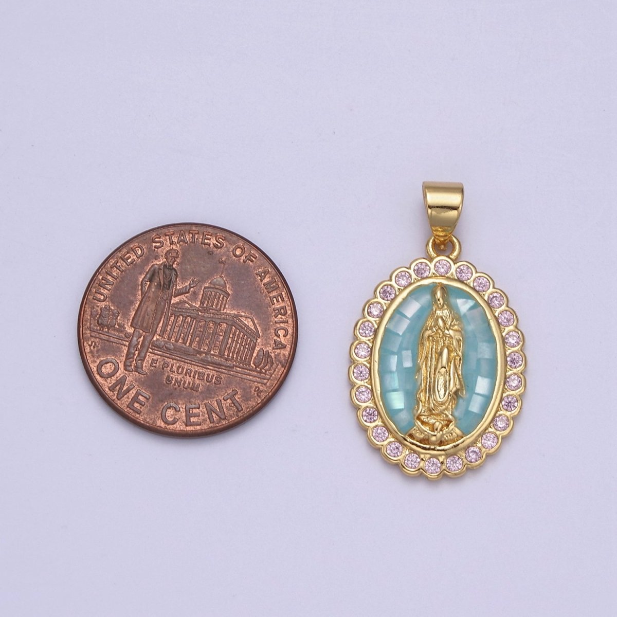 Green Shell Miraculous Lady Charm for Necklace, Dainty Lady of Guadalupe Pendant for Religious Jewelry Making Supply in Gold Filled N-551